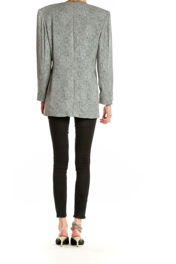 Back view of gray paisley textured long blazer showing full length