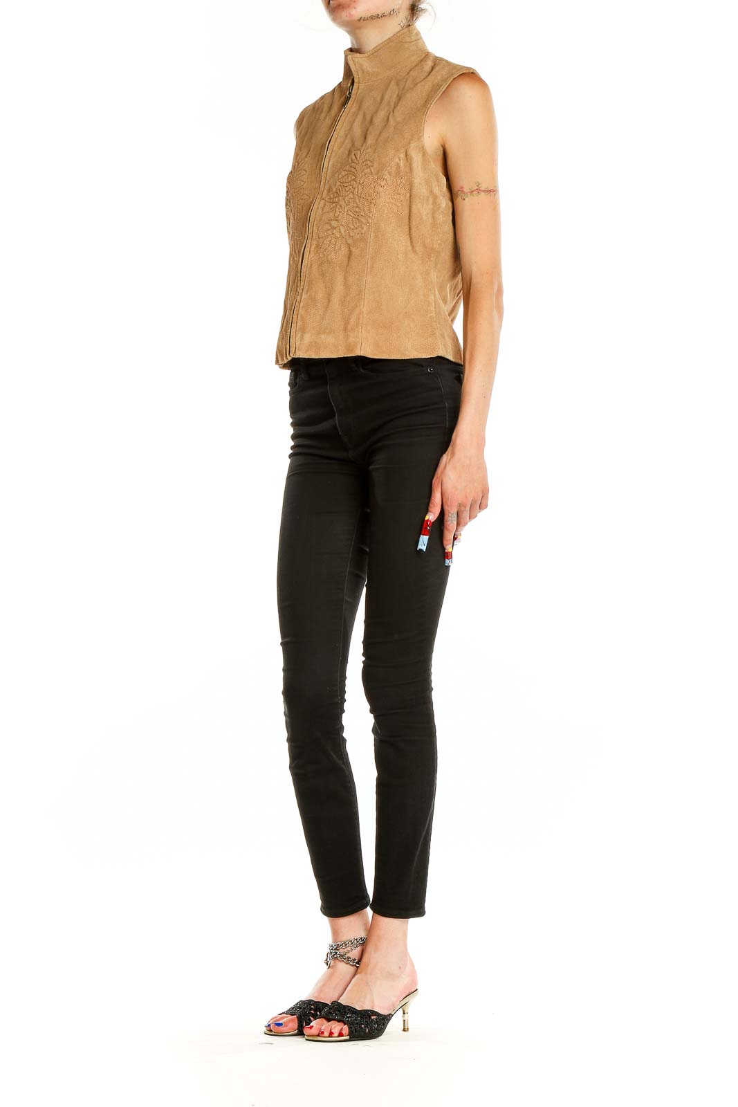 Front view of tan embroidered suede zip-up vest from Coldwater Creek