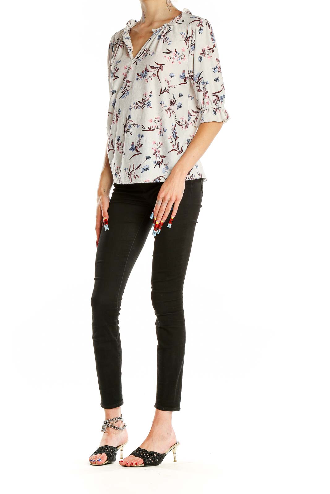 Front view of Melloday white floral print blouse with ruffle sleeves