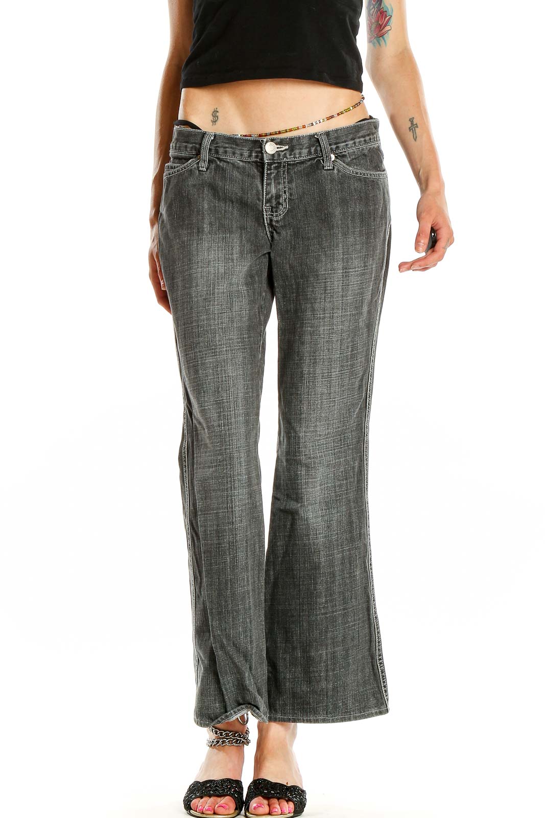 Front view of Gap gray faded wide-leg jeans on model