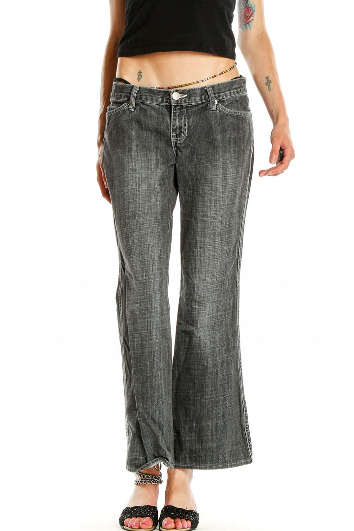 Front view of Gap gray faded wide-leg jeans on model