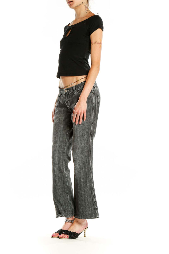 Front view of Gap gray faded wide-leg jeans on model