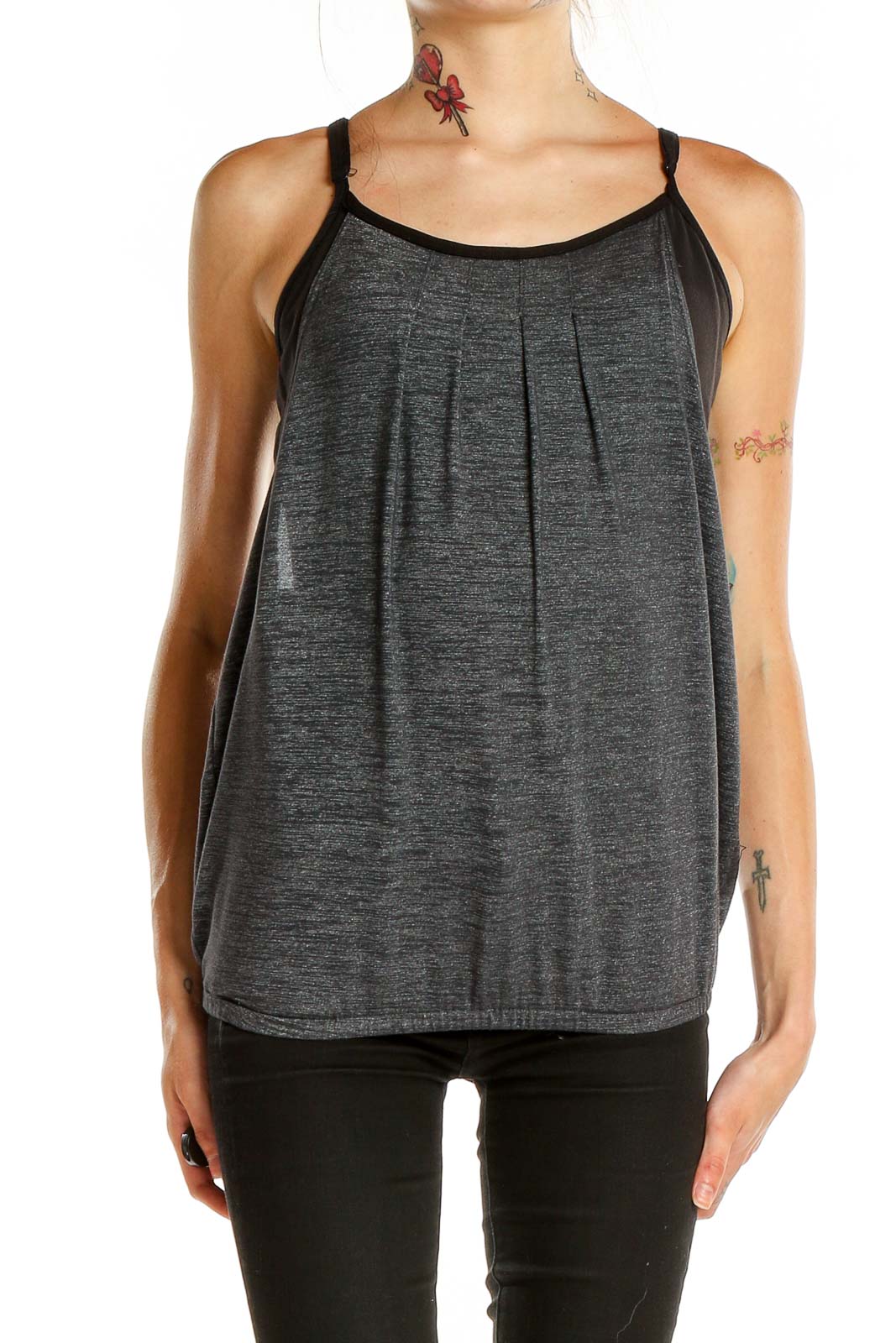 Front view of gray pleated racerback tank top from Beyond Yoga