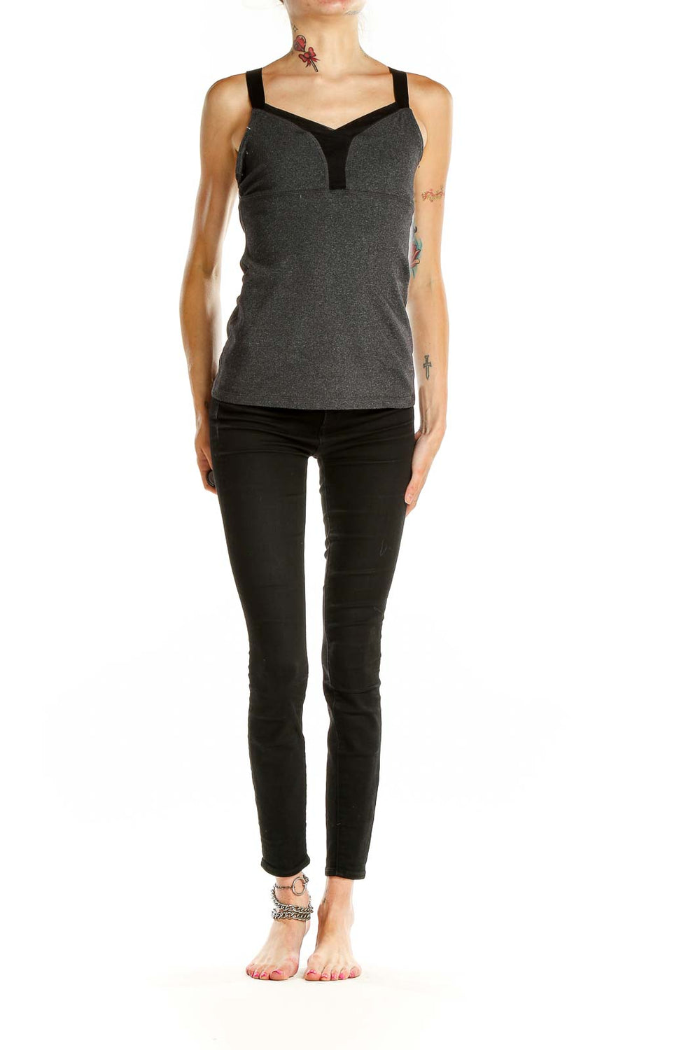 Front view of charcoal gray Beyond Yoga athletic tank top with black trim