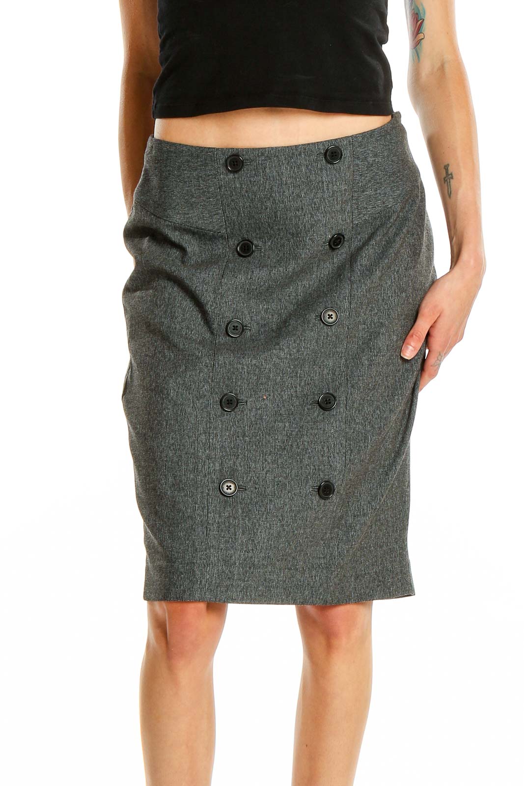 Front view of Anne Klein gray double-breasted pencil skirt