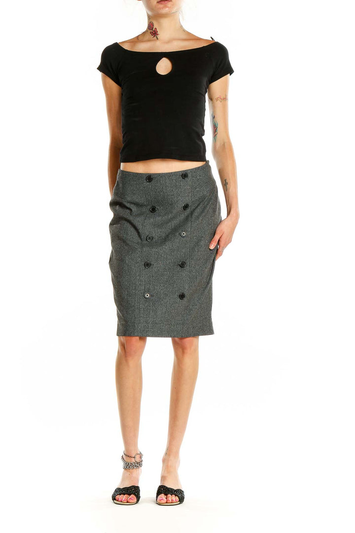 Front view of Anne Klein gray double-breasted pencil skirt