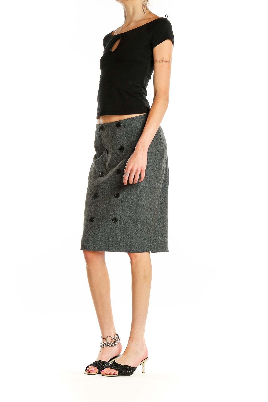 Front view of Anne Klein gray double-breasted pencil skirt