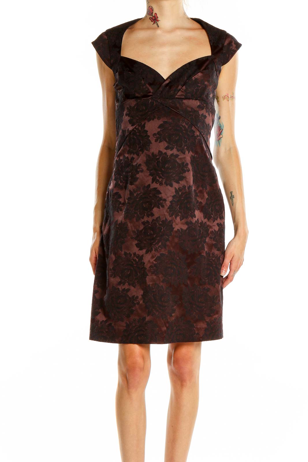 Front view of Karen Millen burgundy floral jacquard cocktail dress with sweetheart neckline