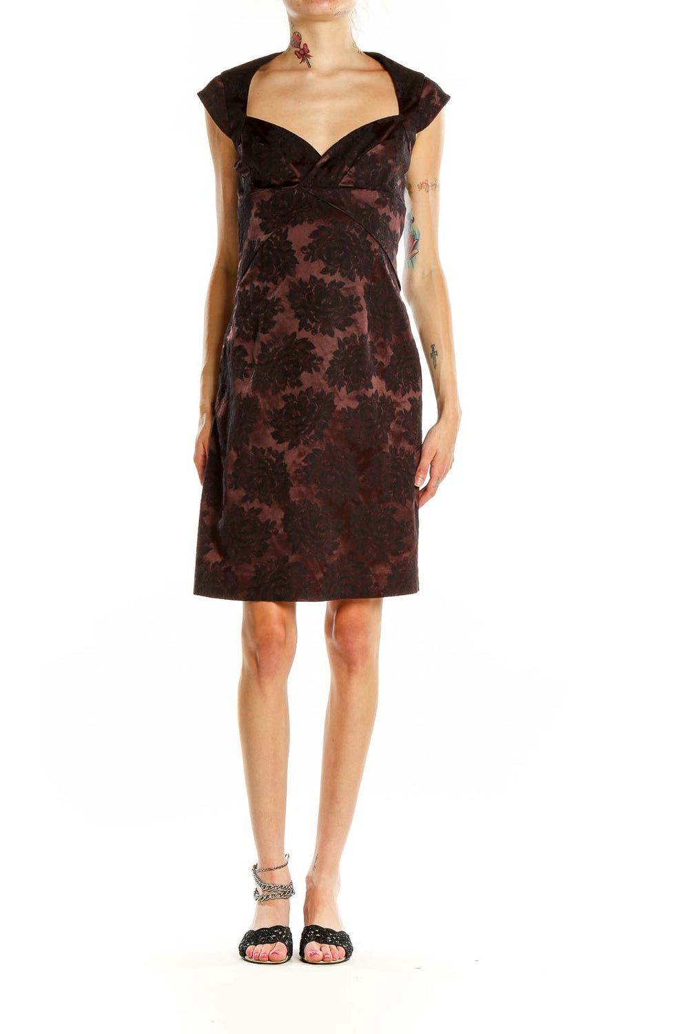Front view of Karen Millen burgundy floral jacquard cocktail dress with sweetheart neckline