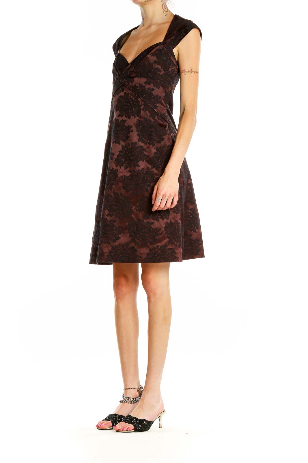 Front view of Karen Millen burgundy floral jacquard cocktail dress with sweetheart neckline
