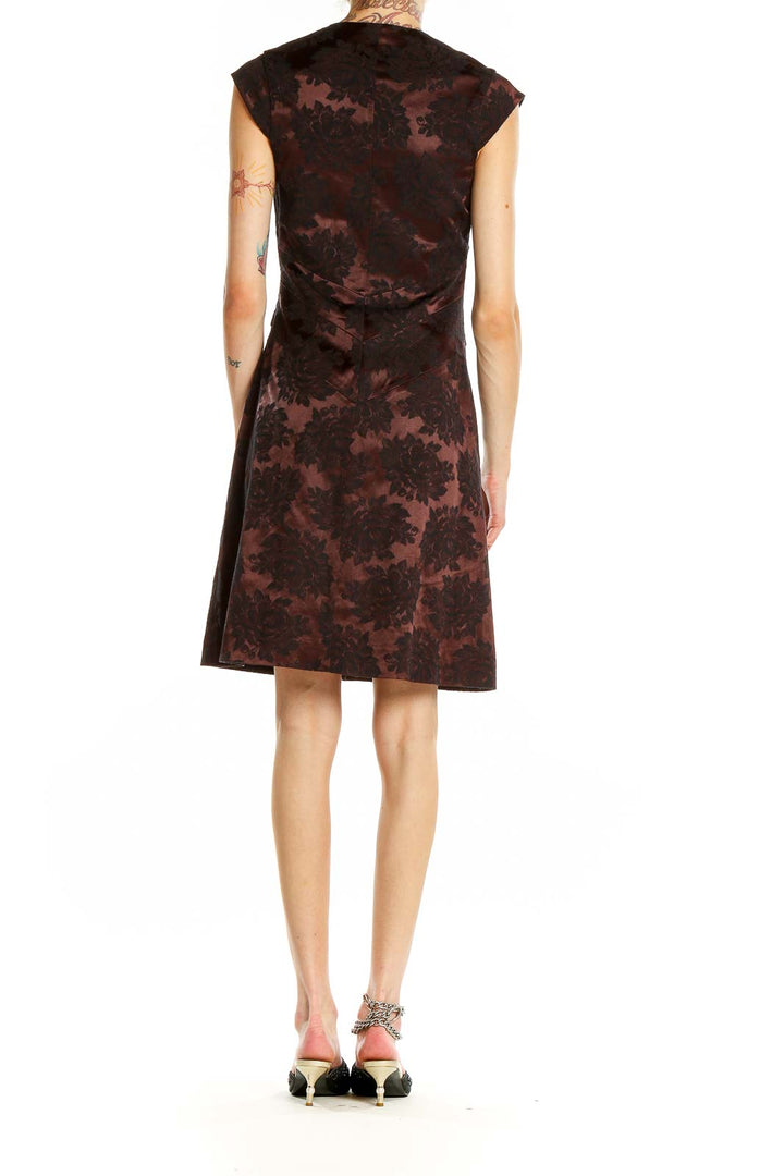 Side view of Karen Millen burgundy floral jacquard cocktail dress showing cap sleeves