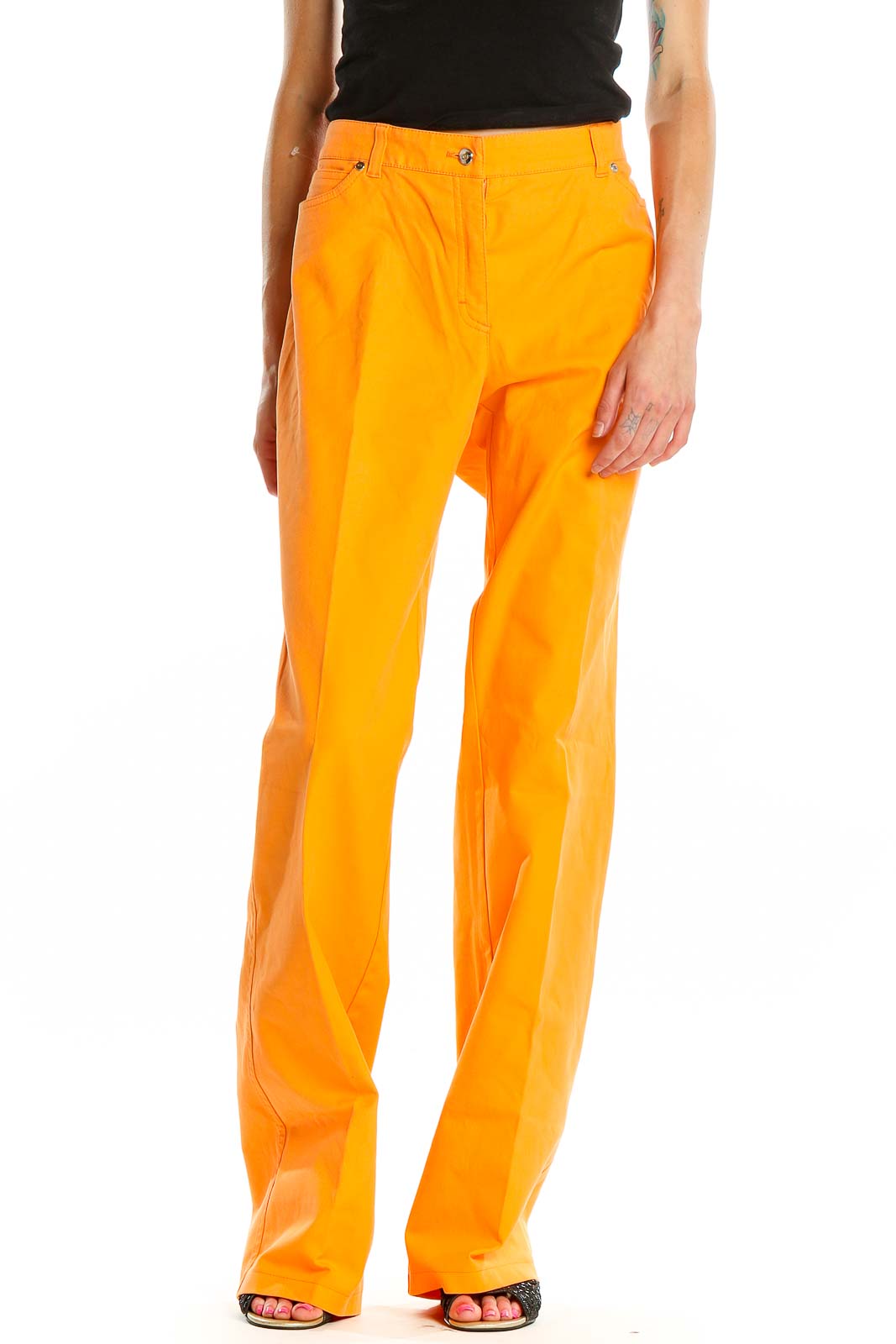 Front view of orange ESCADA wide-leg trousers on model