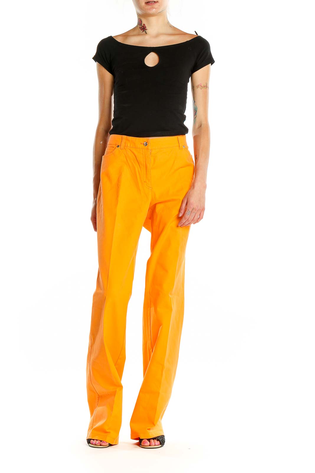 Front view of orange ESCADA wide-leg trousers on model