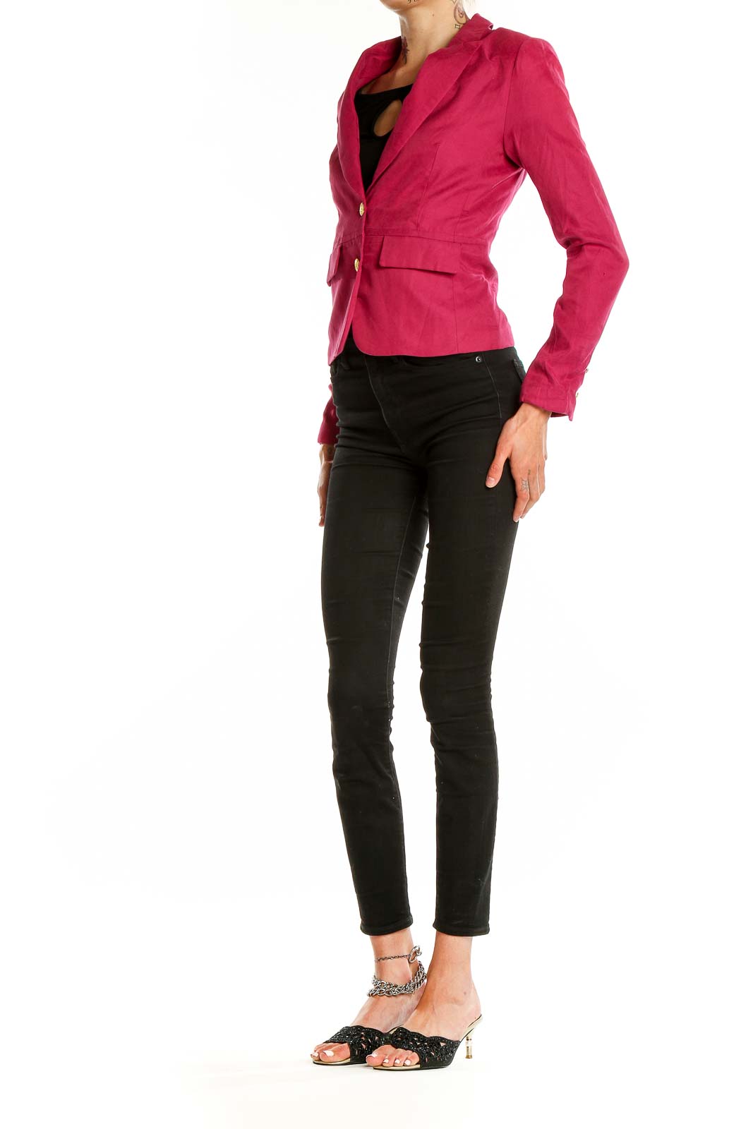 Front view of fuchsia Cynthia Rowley blazer with gold buttons