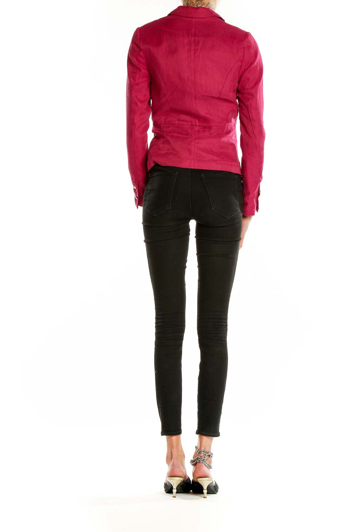 Back view of fuchsia Cynthia Rowley blazer showing tailored fit