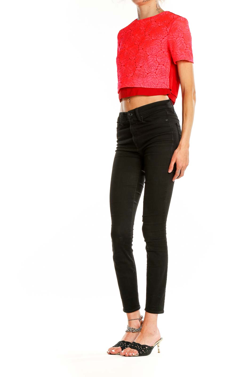 Front view of A.L.C. red floral lace crop top with rose pattern