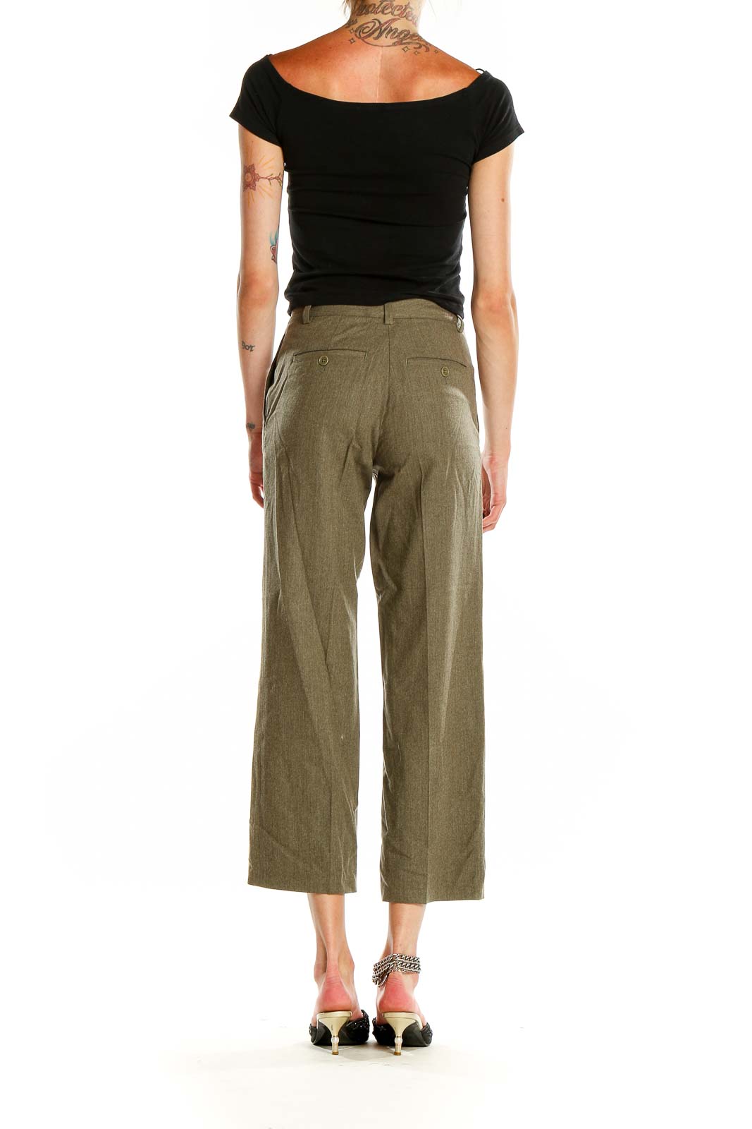 Back view of olive Theory wide-leg cropped trousers on model