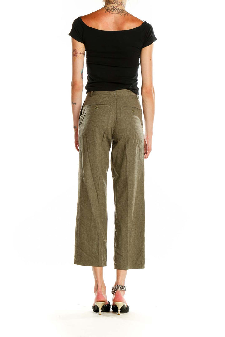 Back view of olive Theory wide-leg cropped trousers on model