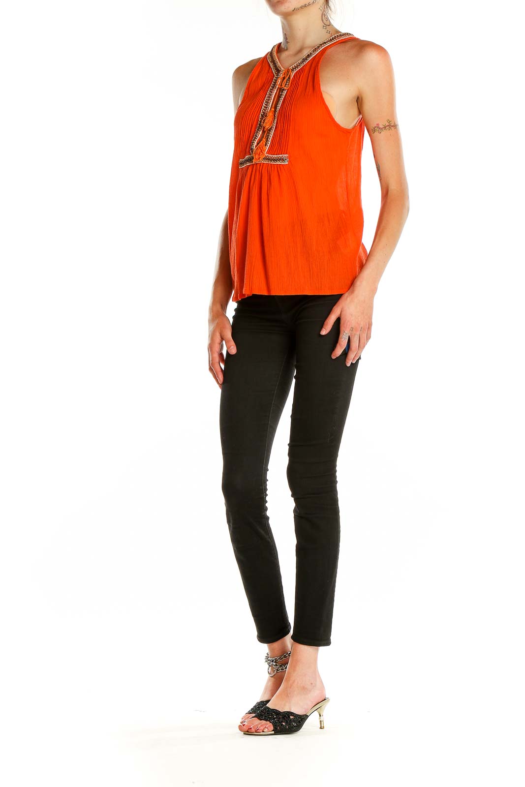 Front view of orange Joie sleeveless blouse with embroidered neckline