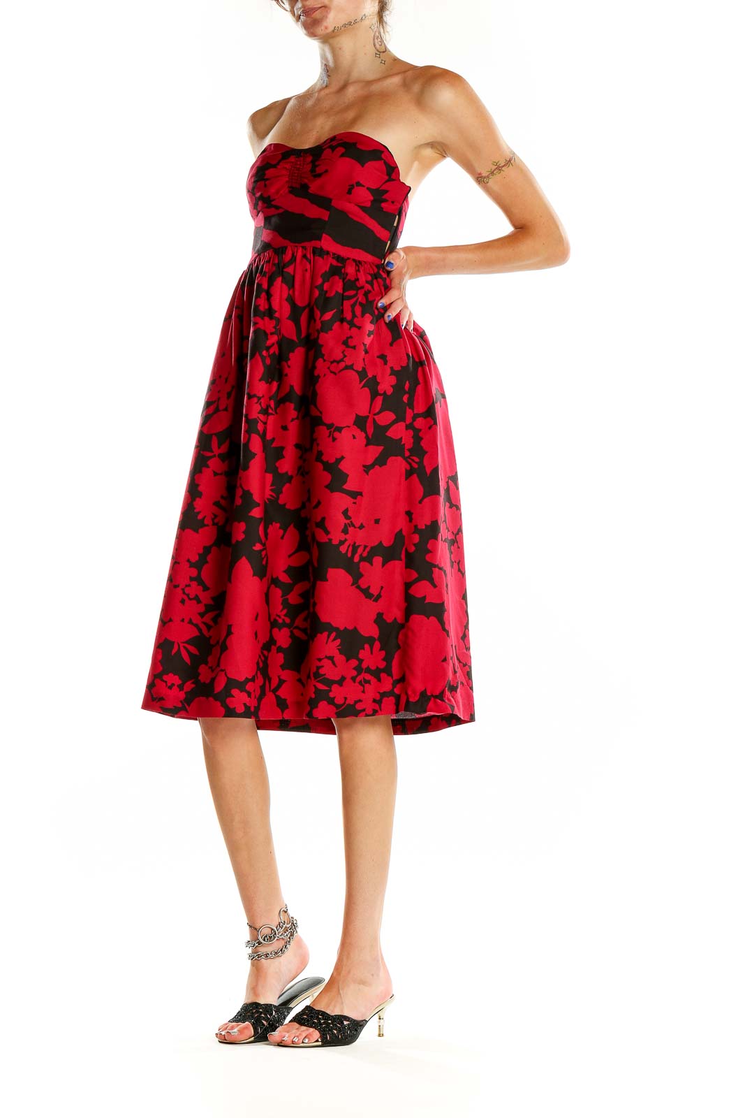 Front view of Tibi New York red floral strapless cocktail dress with sweetheart neckline