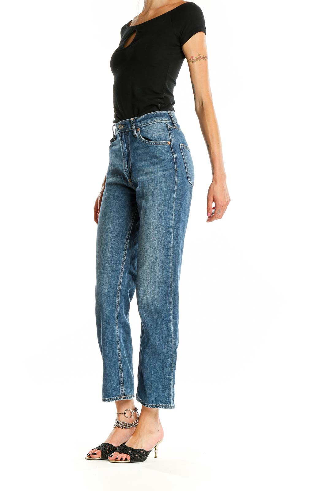 Front view of Gap straight-leg jeans in medium wash blue denim