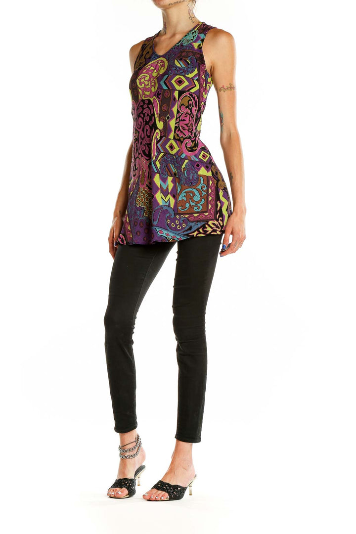 Front view of Betsy Johnson multicolor psychedelic print sleeveless tunic