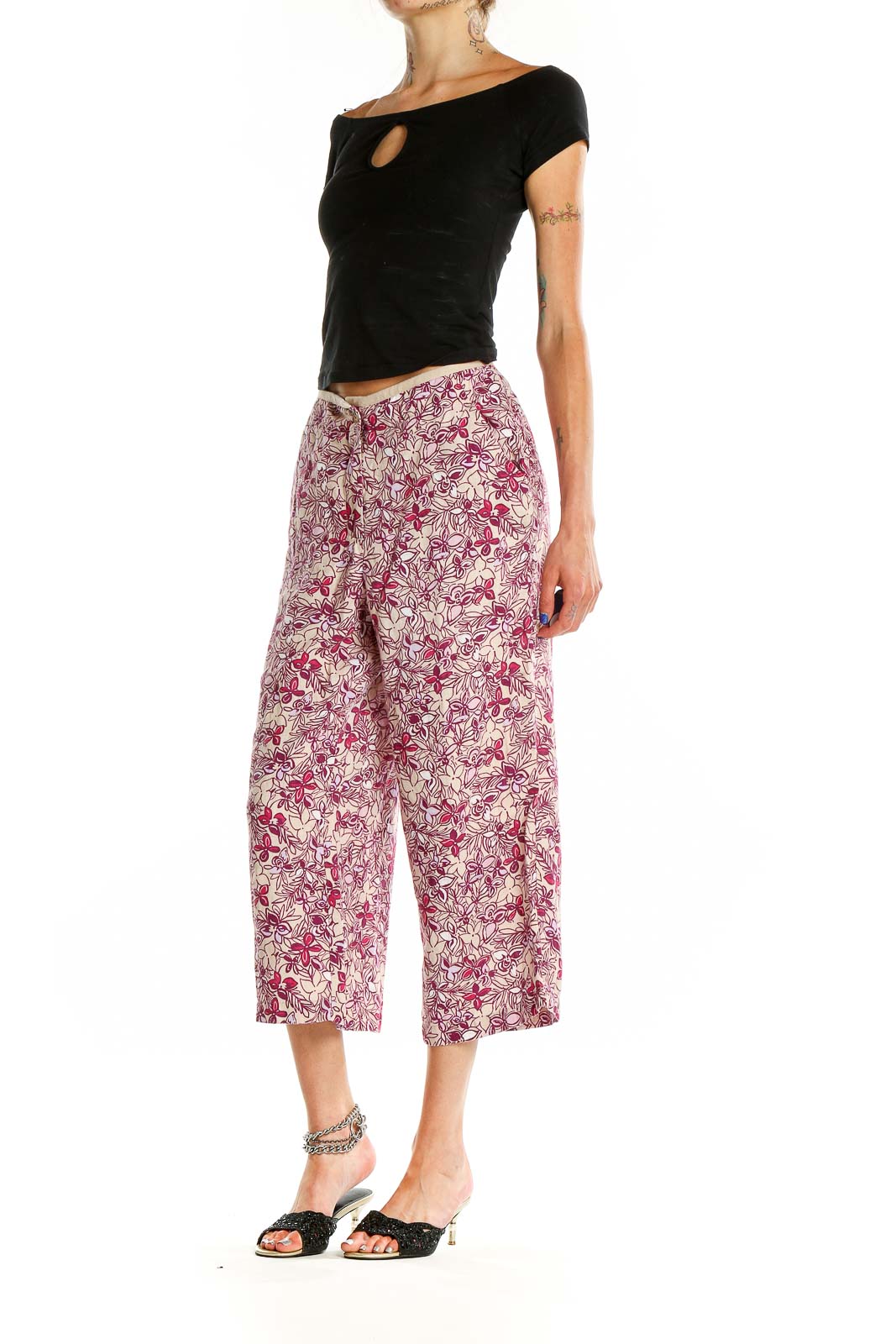 Front view of Valerie Stevens pink floral linen cropped wide-leg pants