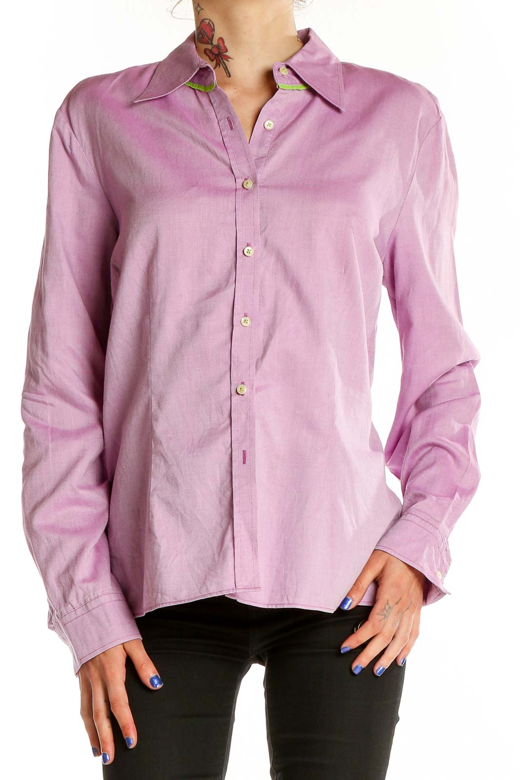 Front view of pink Tommy Hilfiger button-down shirt on model