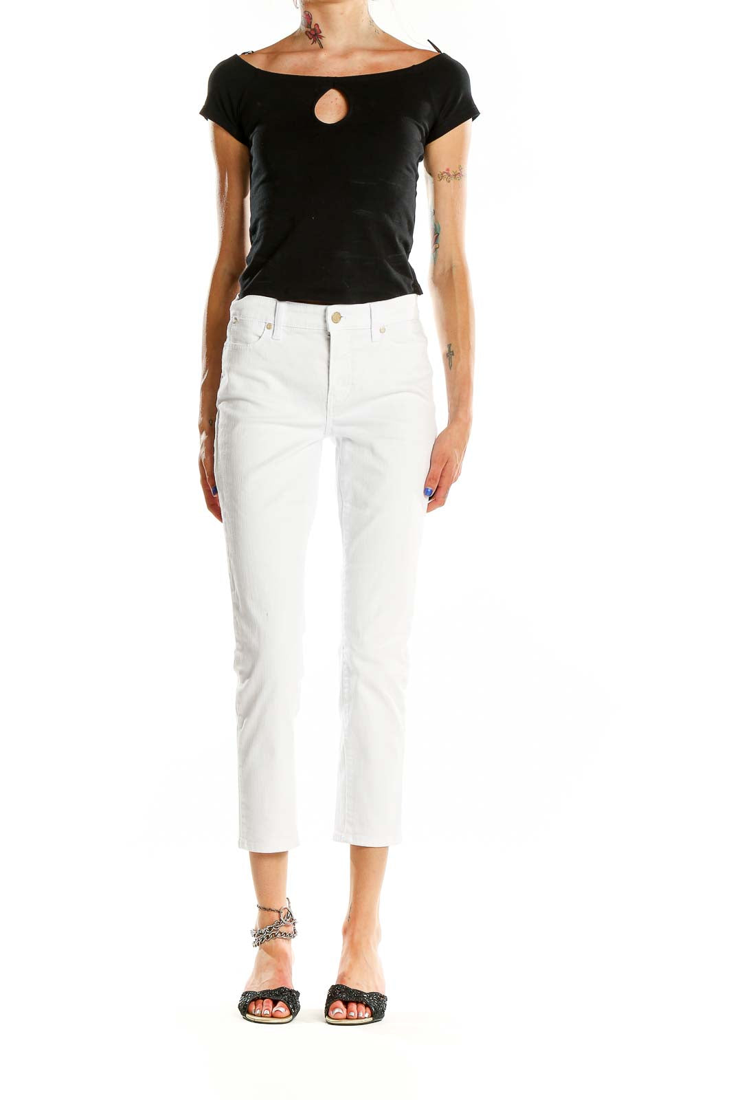 Front view of white Talbots cropped pants on model