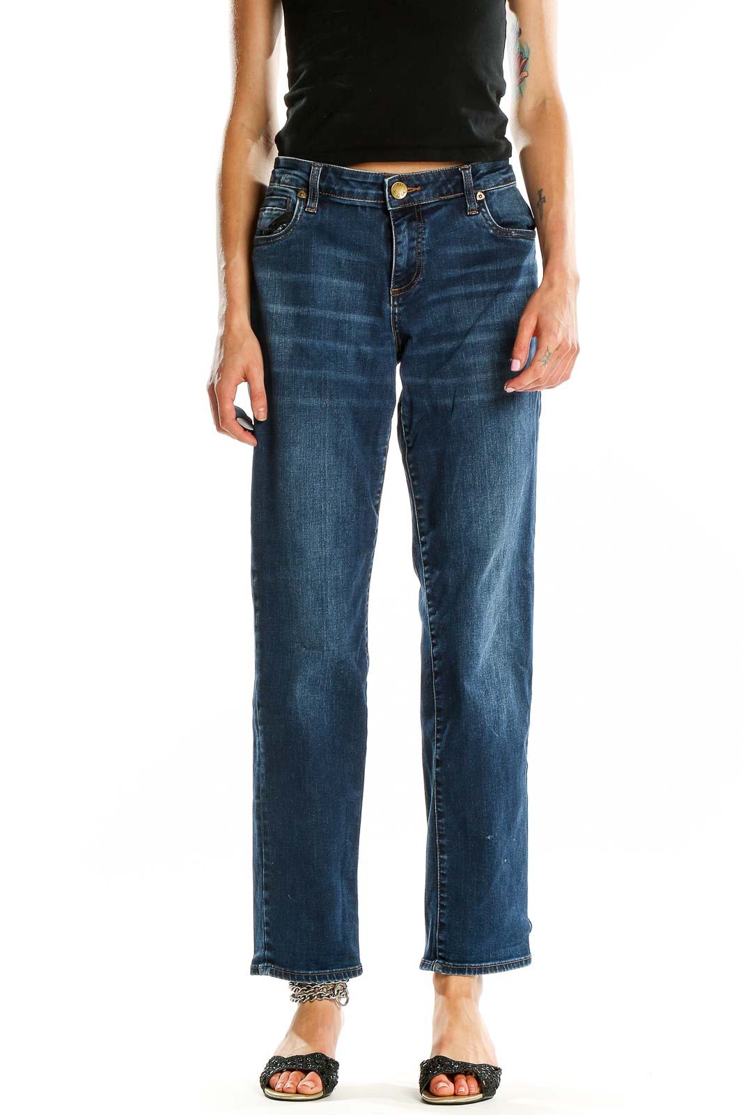 Front view of KUT from the Kloth blue straight leg jeans on model