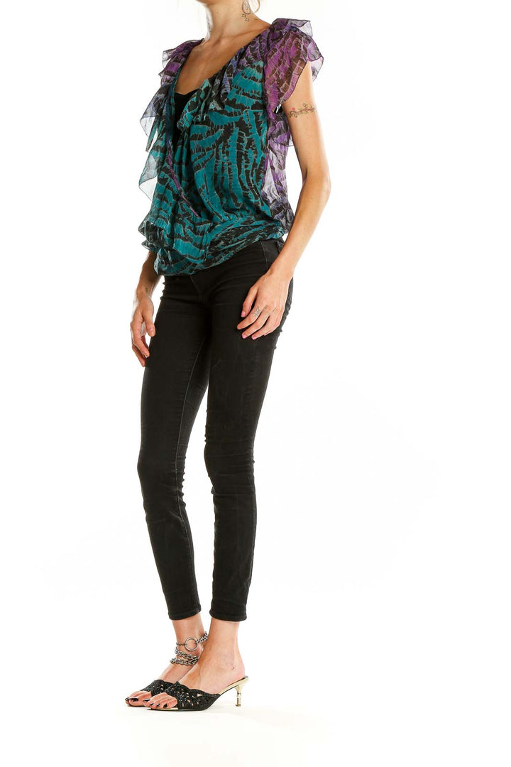 Front view of teal ombre silk ruffle blouse by Diane von Furstenberg
