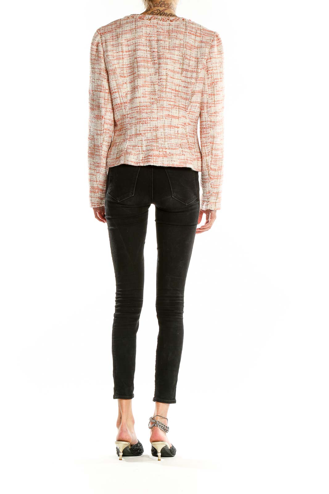 Back view of Cynthia Rowley peach tweed cropped jacket showing fitted silhouette