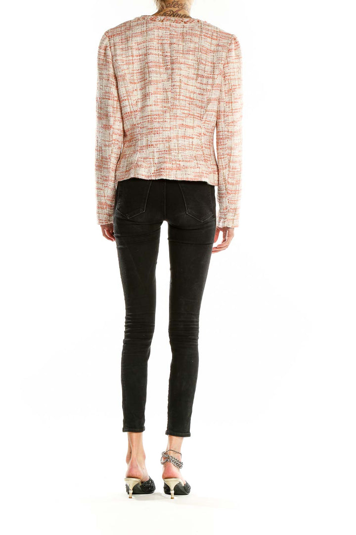 Back view of Cynthia Rowley peach tweed cropped jacket showing fitted silhouette
