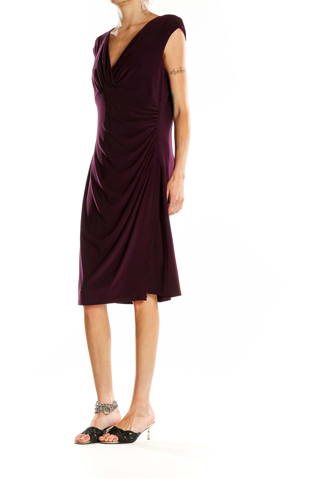 Front view of plum wrap-style cocktail dress by Lauren Ralph Lauren