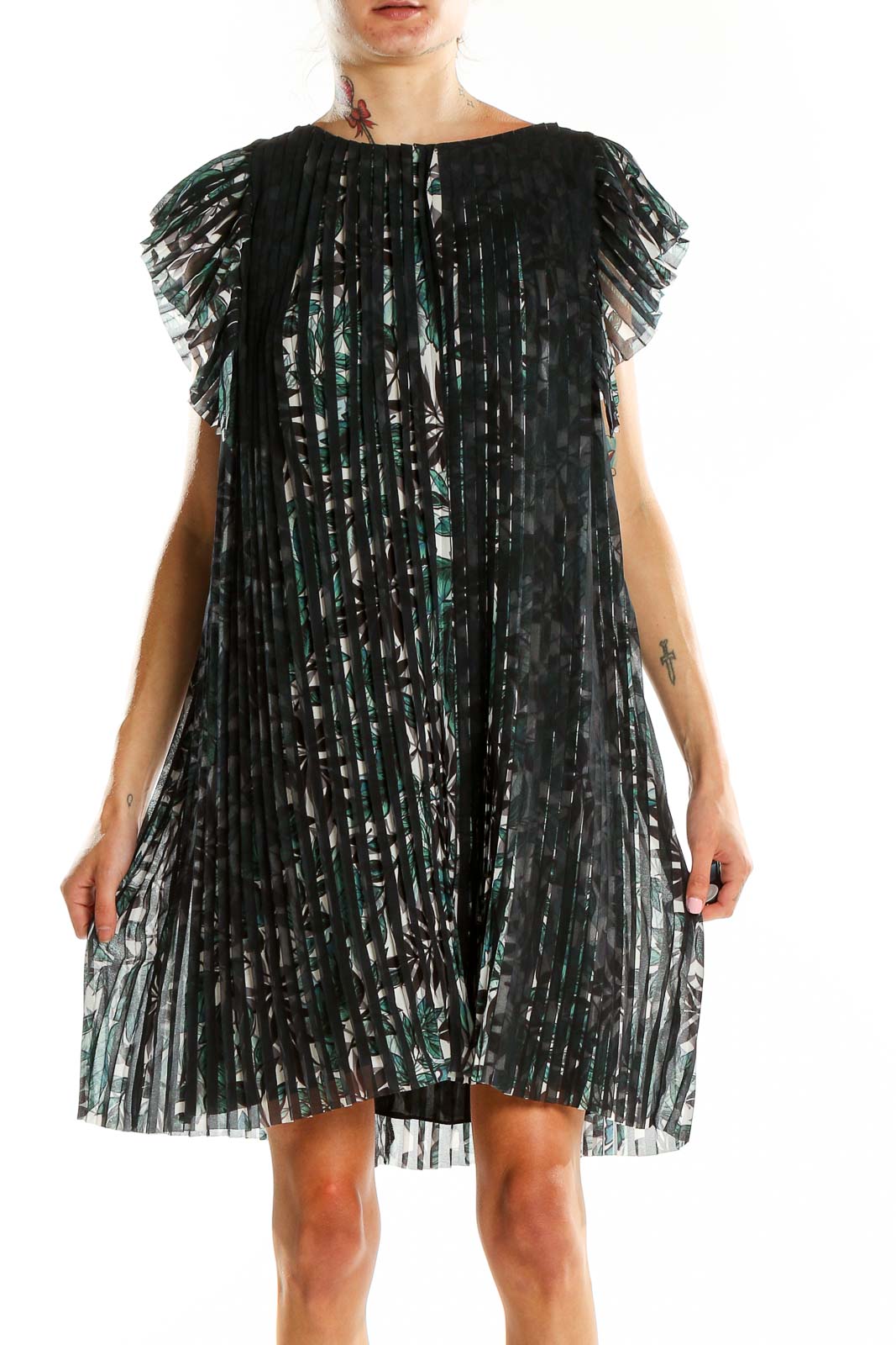 Max Studio Black Floral Pleated Cocktail Dress