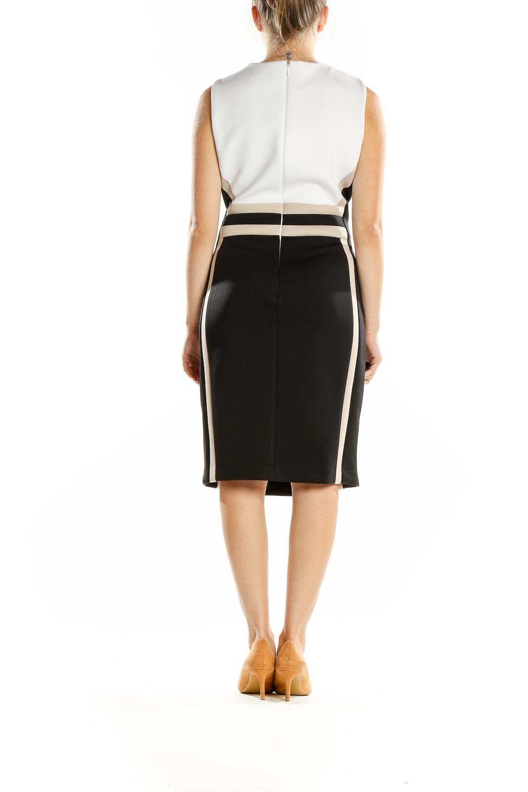 Back view of Calvin Klein black and white color block sheath dress