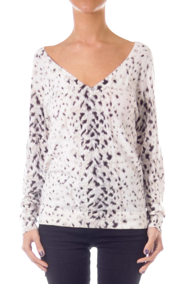 Cream V-neck Animal Print Sweater