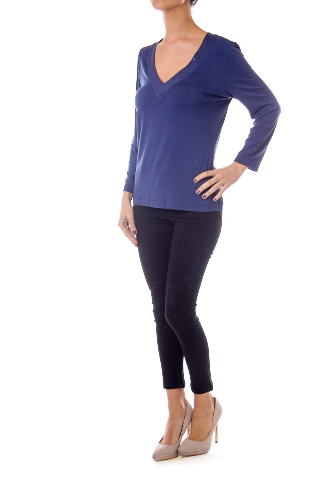 Navy V-neck Metallic Jersey Top