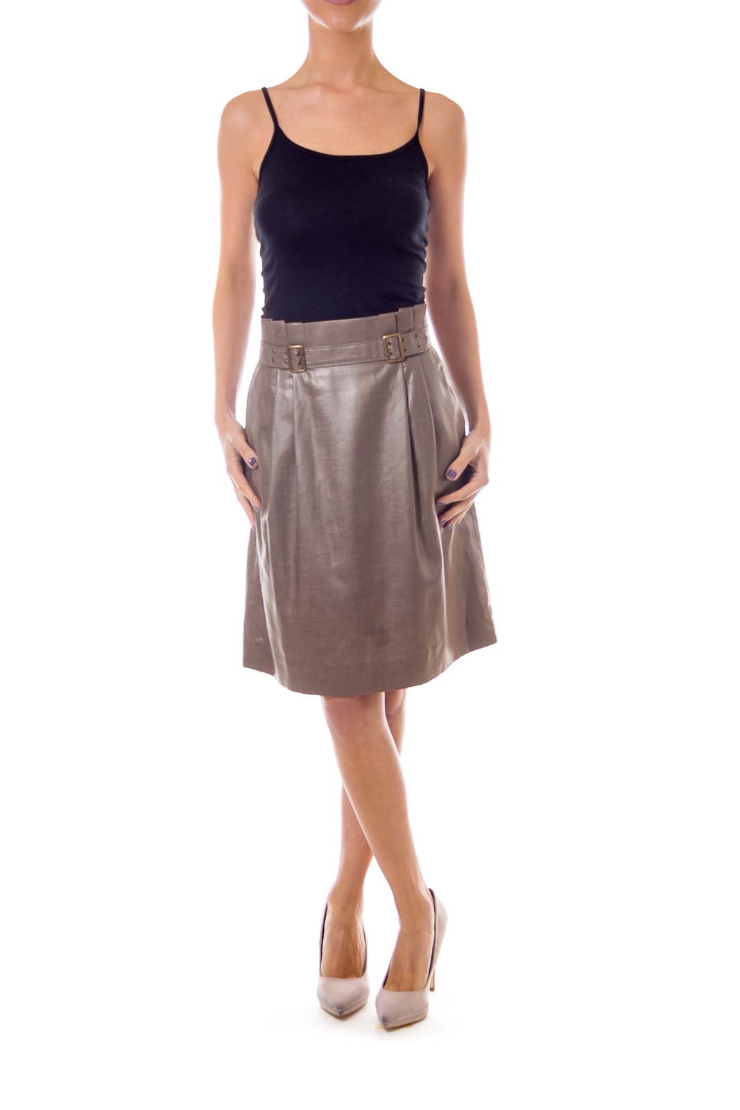 Taupe Shiny High Waist Buckled Skirt