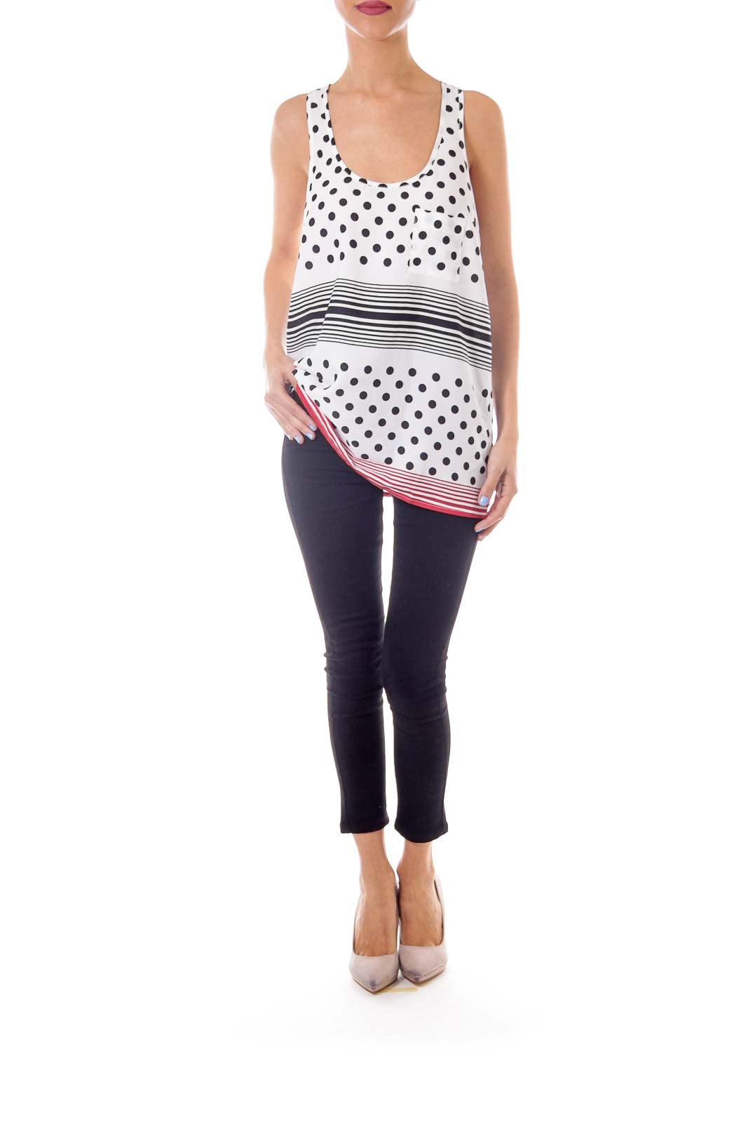 White Polka Dot and Stripe Tank Blouse