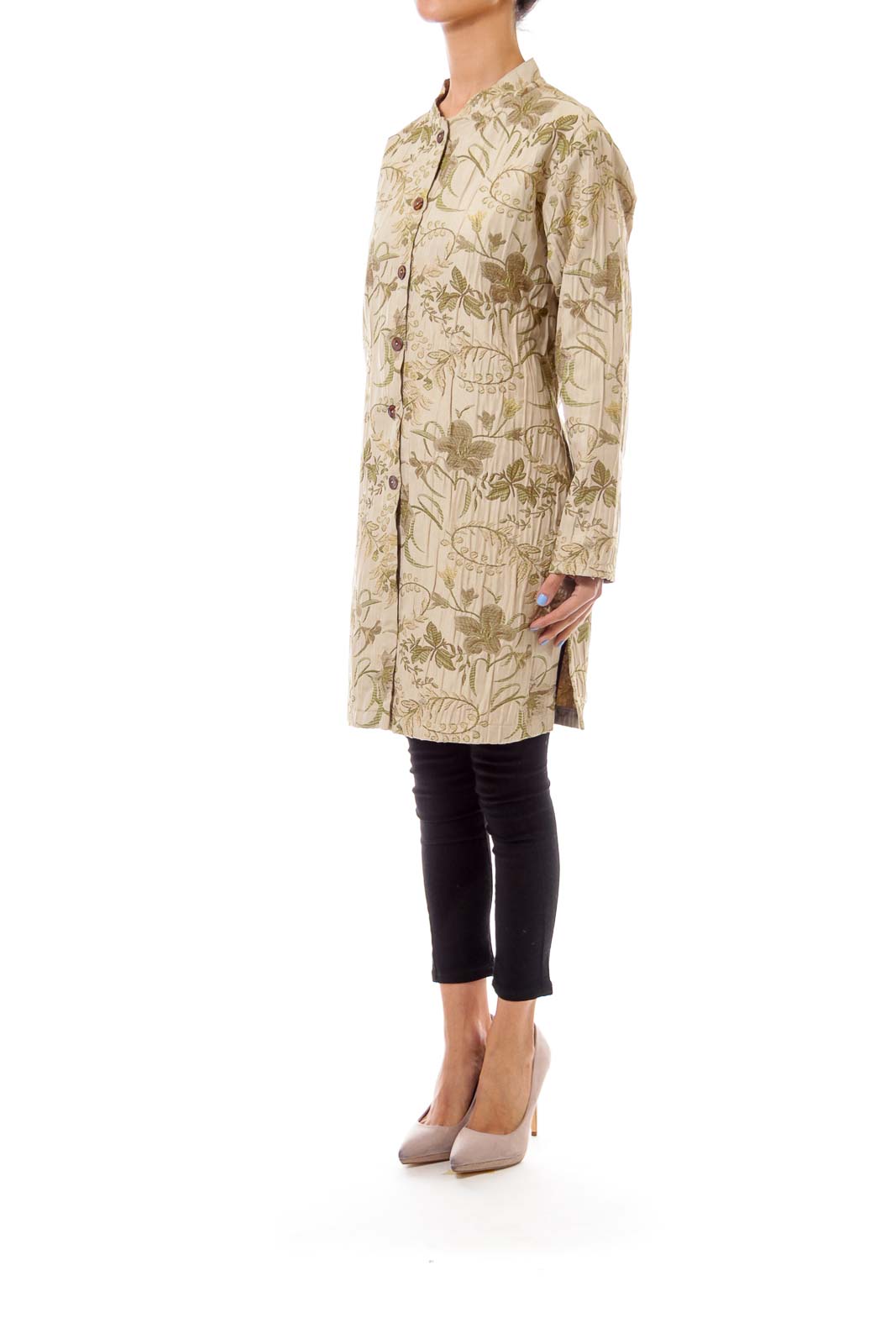 Beige Flower Embroidery Button Down Coat