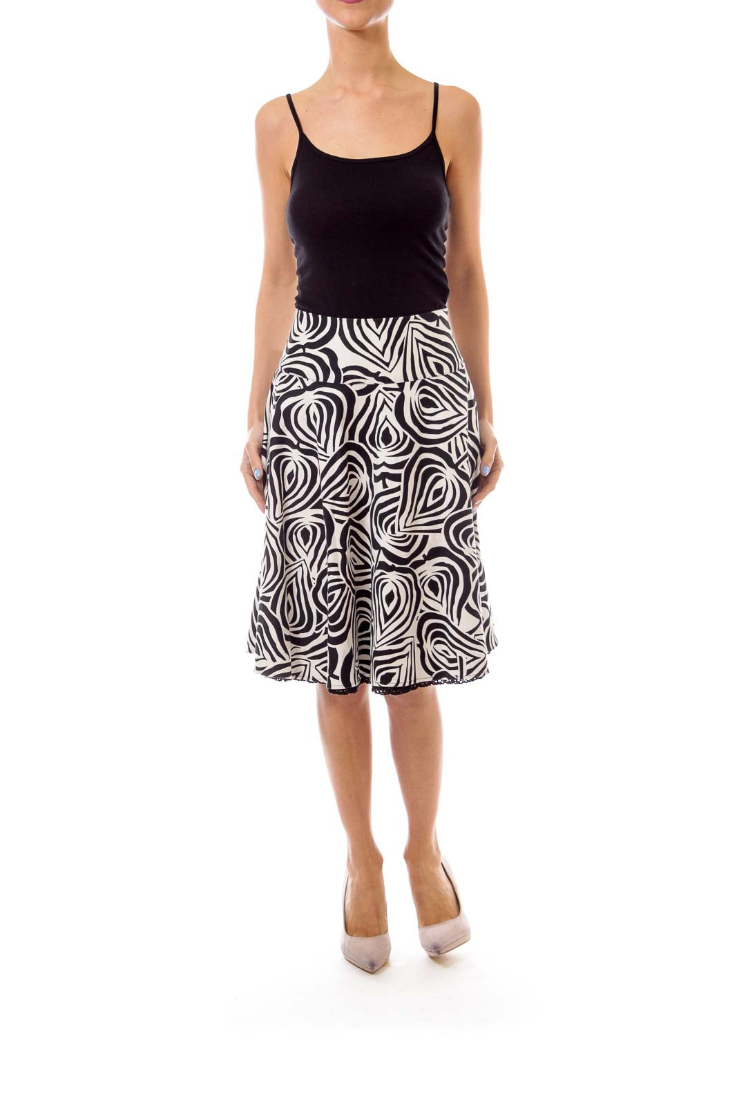 Black & Cream Leaf Print Flared Skirt