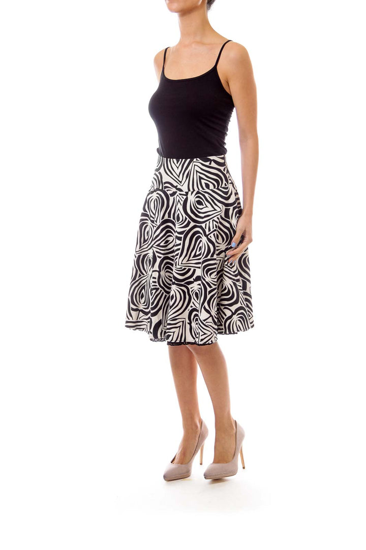 Black & Cream Leaf Print Flared Skirt