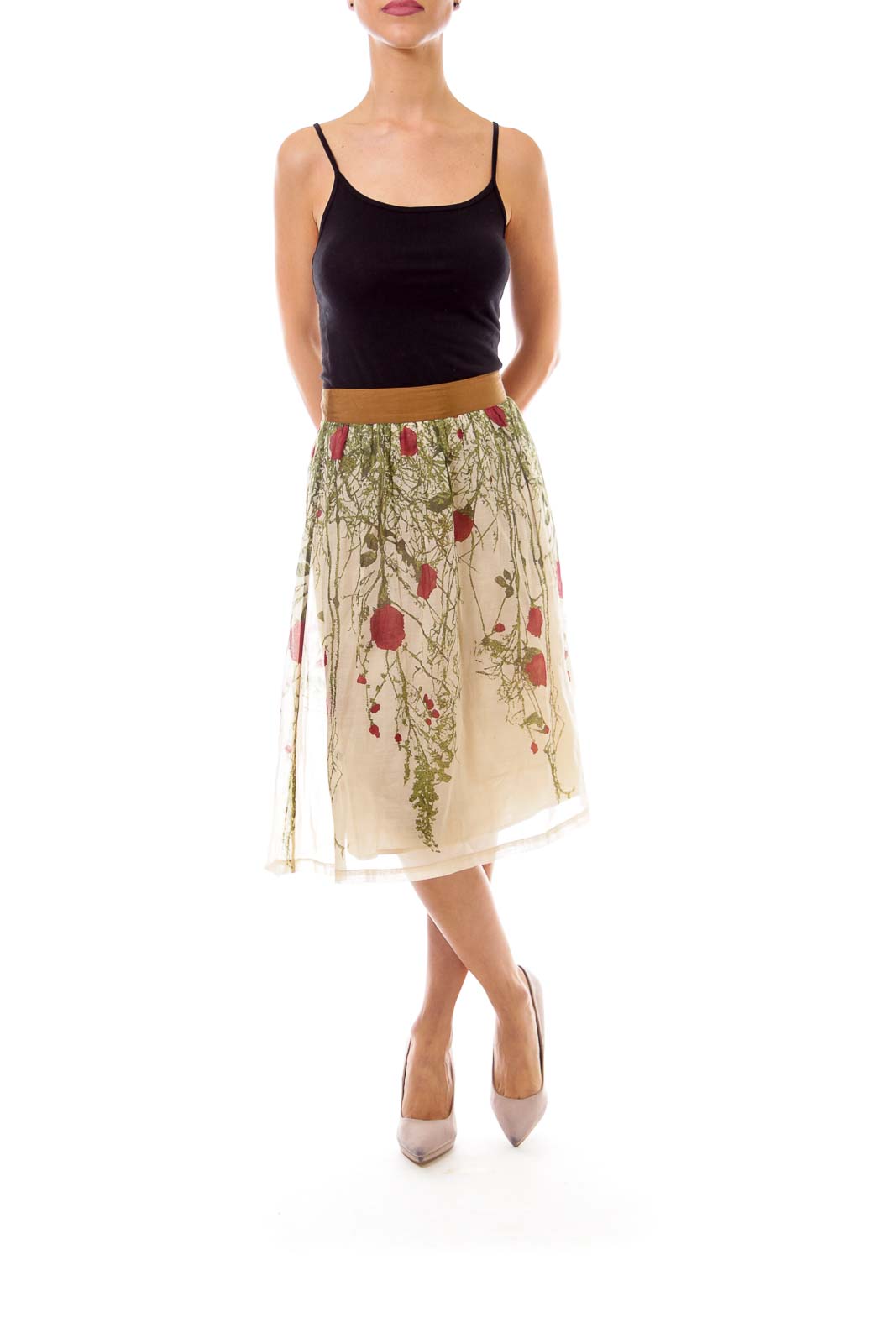 Beige Floral Print Flare Skirt