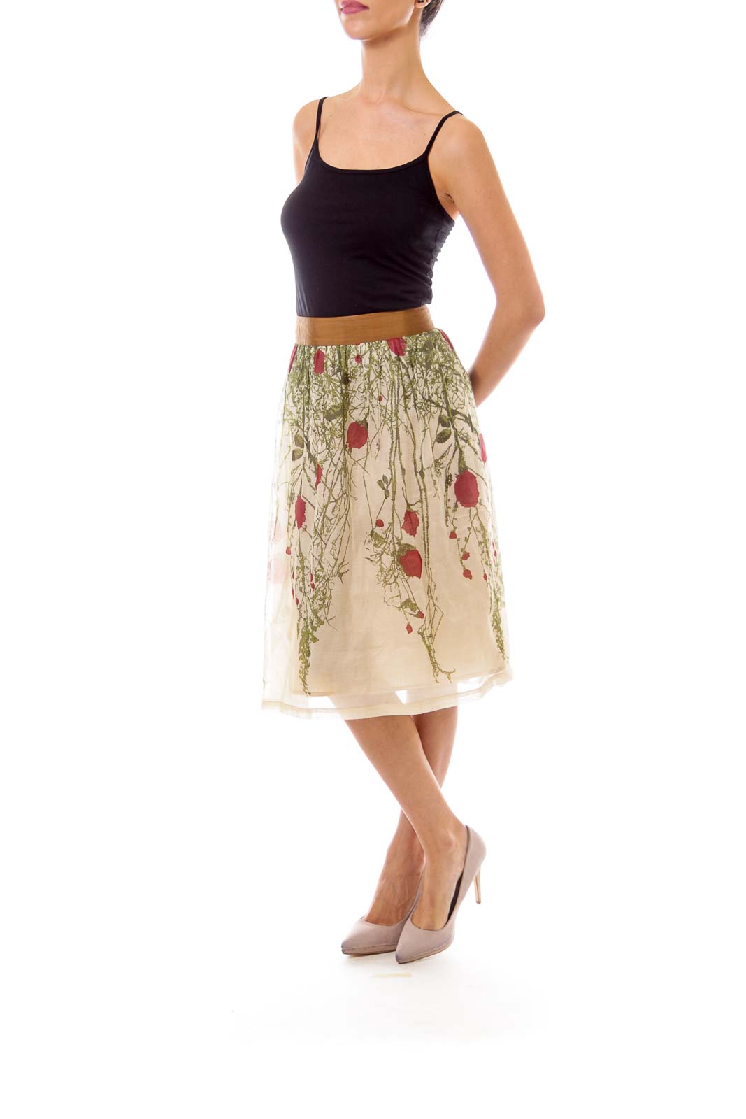 Beige Floral Print Flare Skirt