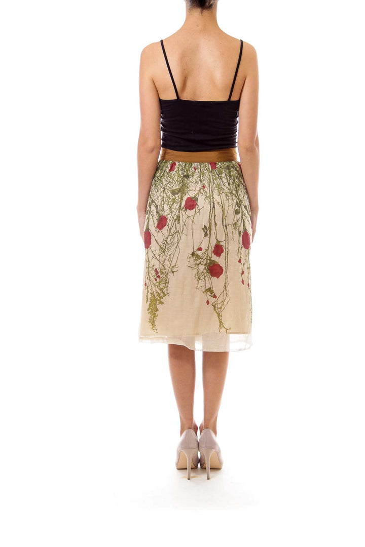 Beige Floral Print Flare Skirt