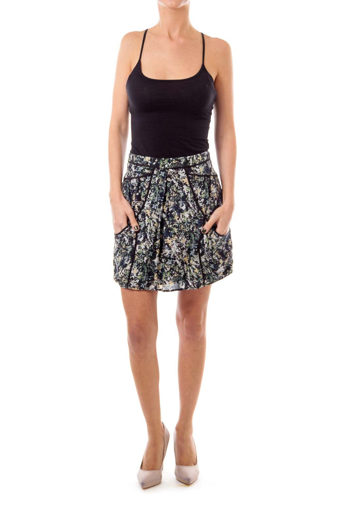 Navy Flower Print Mini Skirt