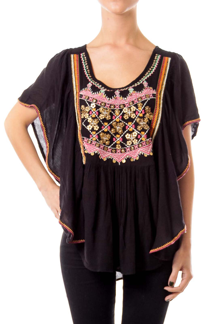 Black Embroidered Bat Sleeve Top