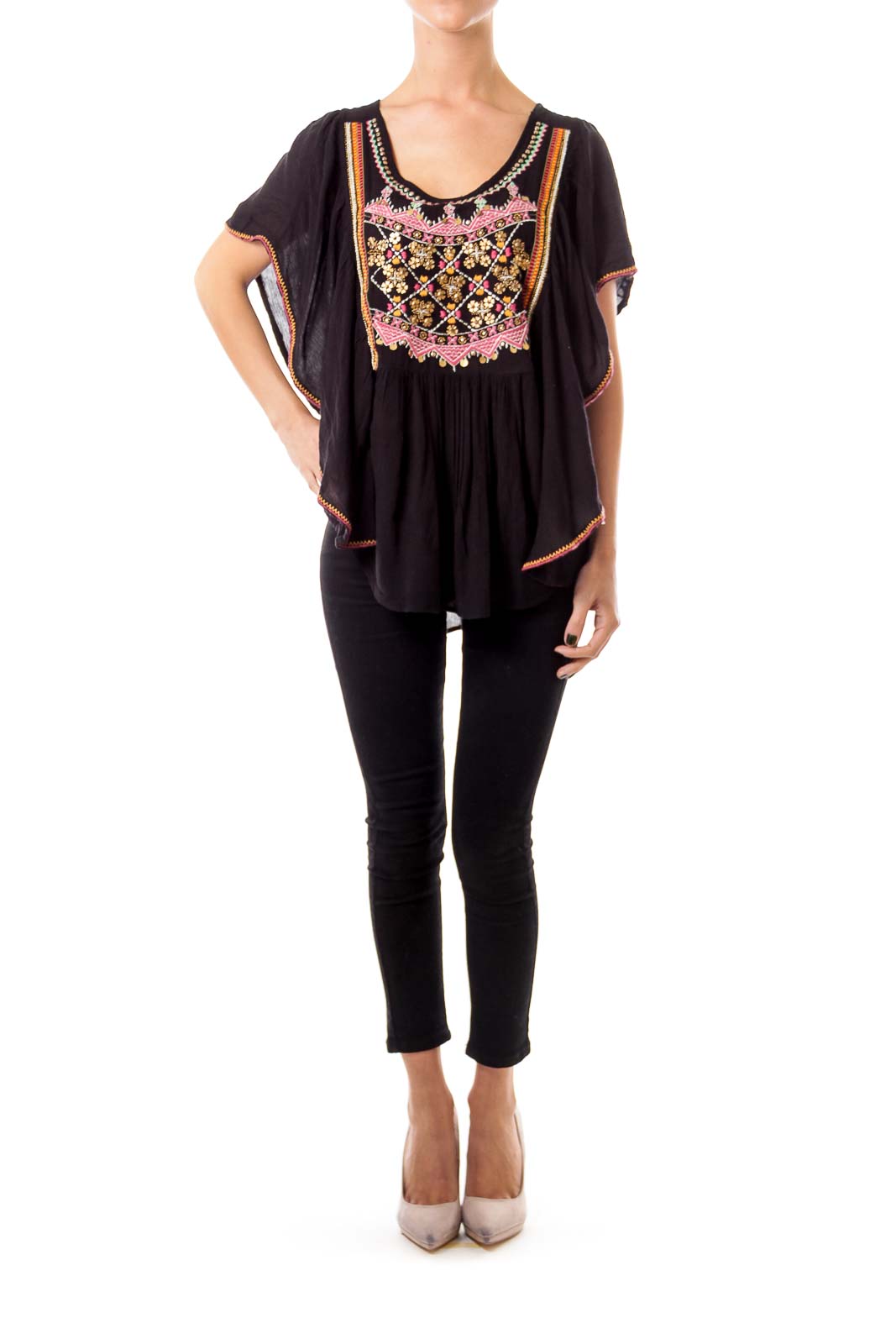 Black Embroidered Bat Sleeve Top