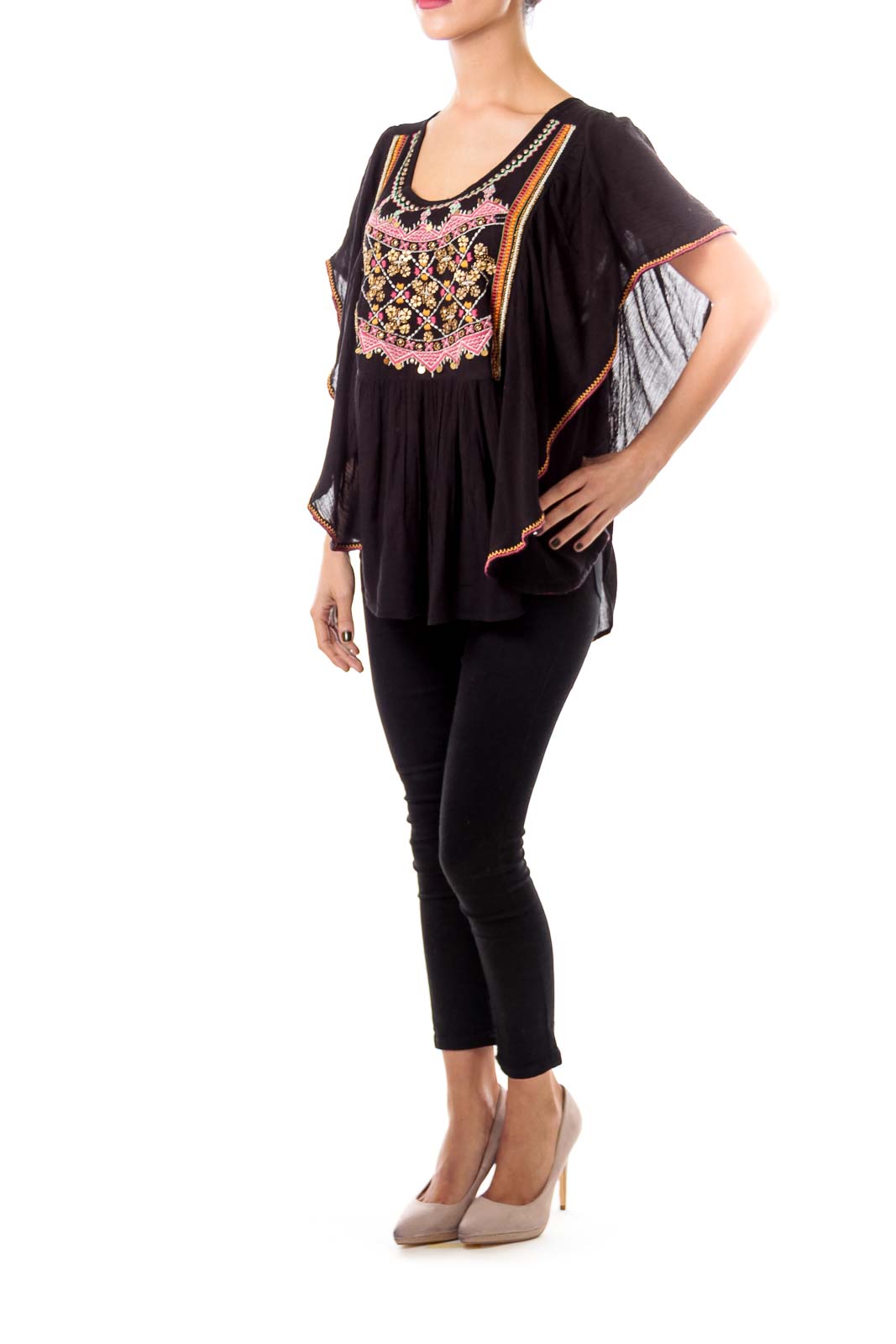 Black Embroidered Bat Sleeve Top